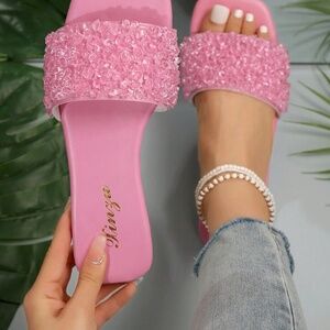 French-Style Luxury Plus-Size Beach Vacation Slipper, Versatile Rhinestone-Embel